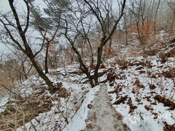 눈이 쌓인 북한산 등산로