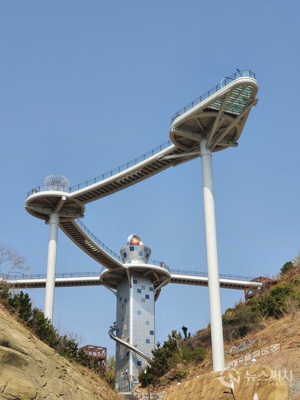 묵호항 스카이워크(하늘전망대). 묵호항 논골담길에서 연결되어 묵호항과 묵호수변공원을 한 눈에 조망할 수 있는 지점에 ‘도째비골 스카이밸리’가 조성 중이다. 그 중 ‘스카이워크(하늘전망대)’가 허공에서 위용을 뽐내고 있는데 2021년 5월 중에 정식 개장할 예정이라고 한다.