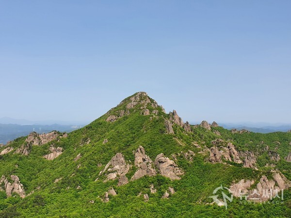 구정봉(九井峯)에서 바라본 천황봉(天皇峯) 정상. 날씨가 맑아서 구정봉 정상에서 보는 천황봉 정상 모습이 바로 앞에 있는 듯 뚜렷이 보인다.