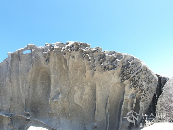 부채바위. 양야군 현남면 인구리 죽도산책로에는 다양한 모양의 기암괴석이 많은데, 그 중 ‘부채바위’는 바람과 파도로 인한 독특한 침식작용으로 신기한 모양을 뽐내고 있다.