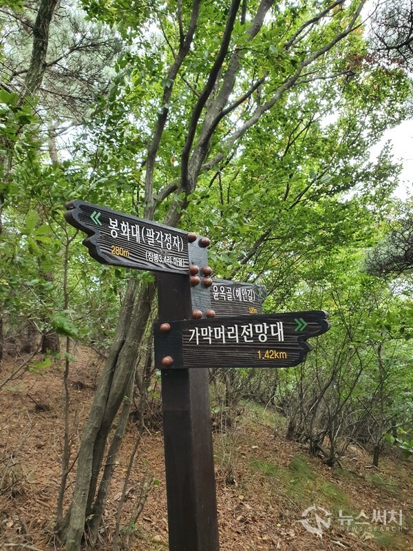 장봉도 종주산행 중 봉화대 인근 이정표. 장봉도 종주산행 중 장봉3리를 지나 가막머리 전망대 방향으로 가다보면 봉화대가 있다. 봉화대 조금 못 미쳐 가막머리전망대와 윤옥골(해안길)로 나뉘는 삼거리가 있으며 이정표가 이를 나타내고 있다. 산 가운데서 이러한 이정표를 만나면 내가 가야할 곳을 정확히 알려줘서 산행객에게 커다란 위안이 된다.