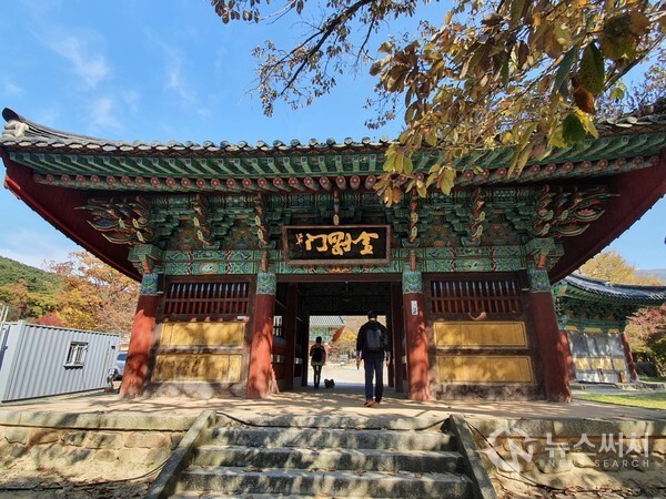 금산사 금강문. 금산사 일주문을 지나 100m 정도 오르면 작은 개울 건너 ‘금강문(金剛門)’이 자리 잡고 있다. 금산사 금강문(金剛門) 전각 안에는 밀적금강, 나라연금강의 두 금강역사와 사자를 탄 문수동자와 코끼리를 탄 보현동자상이 자리 잡고 있다. 