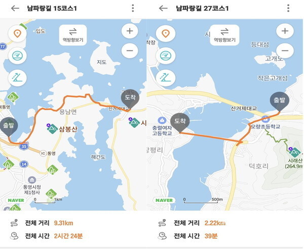 남파랑길 15코스, 27코스 연계 트레킹코스 및 기록