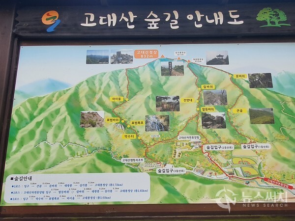 고대산 등산로 안내도. 고대산 등산로는 3개 코스가 일반적으로 이용되는데, ‘1등산로(코스)’는 큰골과 문바위를 거쳐 대광봉, 삼각봉을 지나 고대산 정상으로 이어지는 맨 남측 코스이다. 또한 ‘2등산로(코스)’는 고대산 자연휴양림에서 출발하여 말등바위, 칼바위를 지나 대광봉으로 가는 코스이며, ‘3등산로(코스)’는 고대산 캠핑리조트를 출발하여 표범폭포, 마여울을 지나 고대산 정상으로 연결되는 맨 북측 코스이다. 