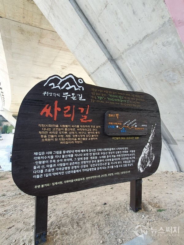 무돌길 제1길 싸리길 안내판. 무돌길 제1길 ‘싸리길’은 광주광역시 북구 각화동 시화문화마을에서 출발하여 각화저수지를 지나 ‘들산재’에 오르고 다시 고개를 내려가 석곡동 신촌마을을 통과한 뒤 등촌마을 정자까지 이어지는 코스이다. 무돌길 제1길 시작지점에 무돌길 제1길 ‘싸리길’에 대한 자세한 설명이 적혀진 안내판이 자리잡고 있다. 